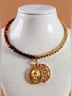 Natural Baltic Amber In Assymetrical  Choker Necklace W/ Lion & Sun Pendant